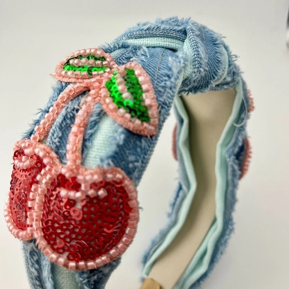 Embellished Denim Headband with Cherry Design NEW